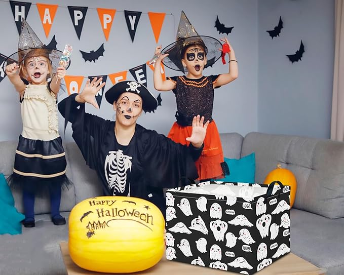 CLOCOR Rectangular Storage Basket Empty, Gift Basket for Halloween, Waterproof Storage Bin with Handles, Room Decor(Crack Ghost)