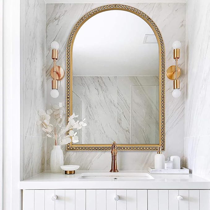 24" x 36" Arch Wall Mirror, Antique Gold Metal Beaded Frame Bathroom Mirror, Vintage Classic Distressed Hanging Mirror for Vanity Mantel Entryway Living Room