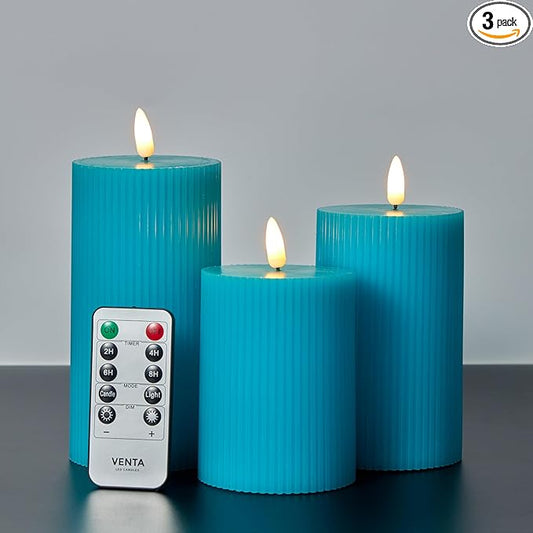 VENTA Turquoise Flameless Pillar Candles, Set of 3 (4" 5" 6") | Realistic Flickering Teal LED Candles with Remote & Timer | Perfect for Coastal, Boho & Modern Home Decor