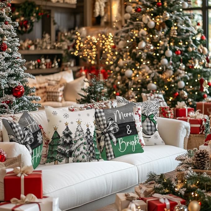 GEEORY Christmas Throw Pillow Covers 20 x 20 Inch Set of 4, Xmas Trees Merry and Bright Happy Holidays Farmhouse Decorative Cushion Cases for Home Decoration G584-20