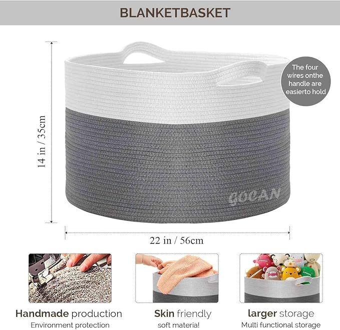 Storage Baskets for Organizing D22"H14" Large blanket basket laundry basket Cotton Rope Woven Basket for toy towl in Living Room (Ltgrey/Beige) XXXL