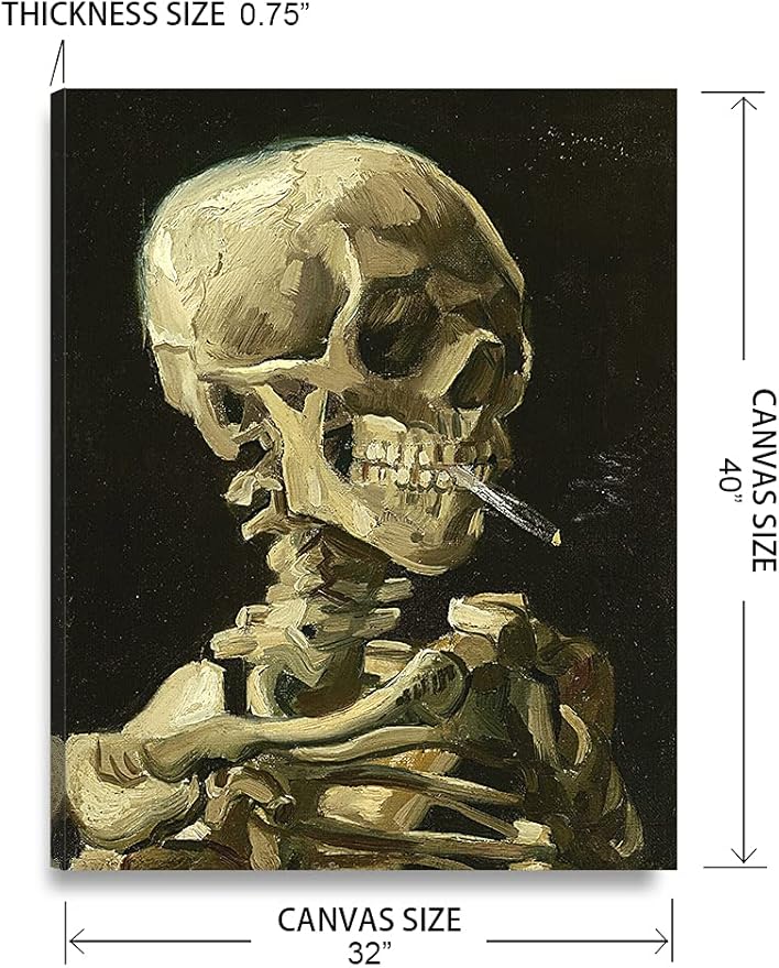 DECORARTS - Head of a Skeleton with a Burning Cigarette. Vincent Van Gogh Art Reproduction. Giclee Print on Canvas. Wall Art for Home. 40x32
