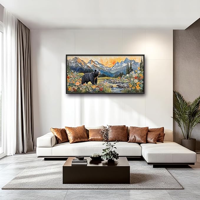 Extra Large Framed Abstract Black Bear Mountain Wall Art,Colorful Wildflower Forest Landscape Wall Decor Pictures for Living Room,Canvas Print Painting Modern Artwork Bedroom Office Bathroom 60L x30W