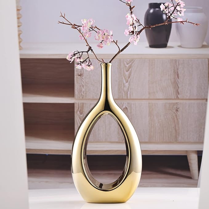 Glossy Gold Vase Ceramic Gold Vases Home Decor,Modern Minimalist Circle with Hole Decorative Vase, Hollow Ellipse Flower vases for Bookshelf, Fireplace Mantle, Centerpieces,Farmhouse,Rustic Décor