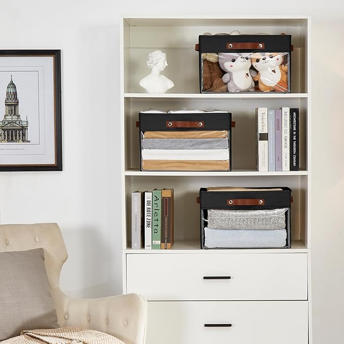 Large Storage Baskets with Clear Window, See Through Closet Organizer with PU Handles, Linen Foldable Storage Bins for Organizing Clothes, Toys, Books (Black)