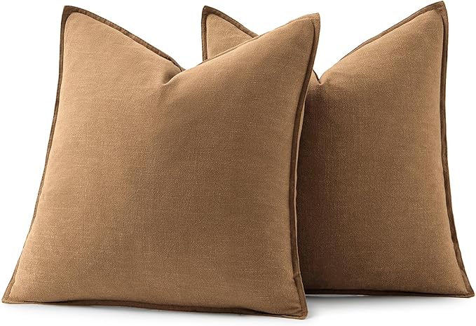 MIULEE Decorative Linen Euro Sham Pillow Covers 24x24 Brown Boho Farmhouse Neutral Couch Throw Pillows for Bed Pack of 2 Accent Modern Pillowcase Sofa Livingroom Home Decor