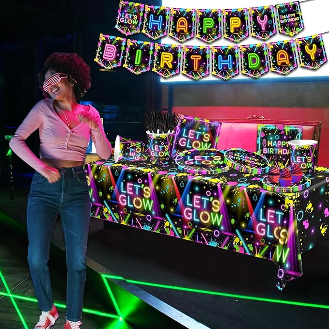 Neon Party Supplies,142Pcs Let Glow Party Decorations Including Disposable Paper Plates,Cups,Tablecloths, Glow in the Dark Theme Decoration for Birthday Baby Shower Party