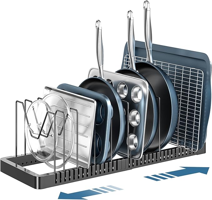 Pots and Pans Organizer under Cabinet, Expandable Pot Lid Organizer Holder with 10 Adjustable Compartment, Pan Organizers inside Cabinet for Lids, Bakeware, Kitchen Storage Pot Rack, Black