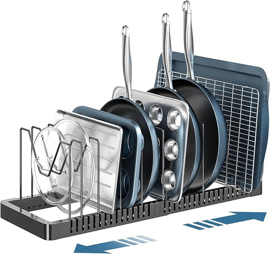 Pots and Pans Organizer under Cabinet, Expandable Pot Lid Organizer Holder with 10 Adjustable Compartment, Pan Organizers inside Cabinet for Lids, Bakeware, Kitchen Storage Pot Rack, Black