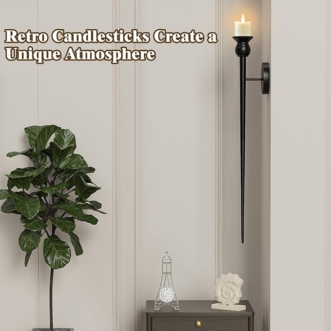 Candle Wall Sconce, 31.5inch Candle Sconces Wall Decor Set of 2, Long Candle Holder with Battery Operated Candles Retro Chic Candle Holder Decoration for Home Decor (Black)