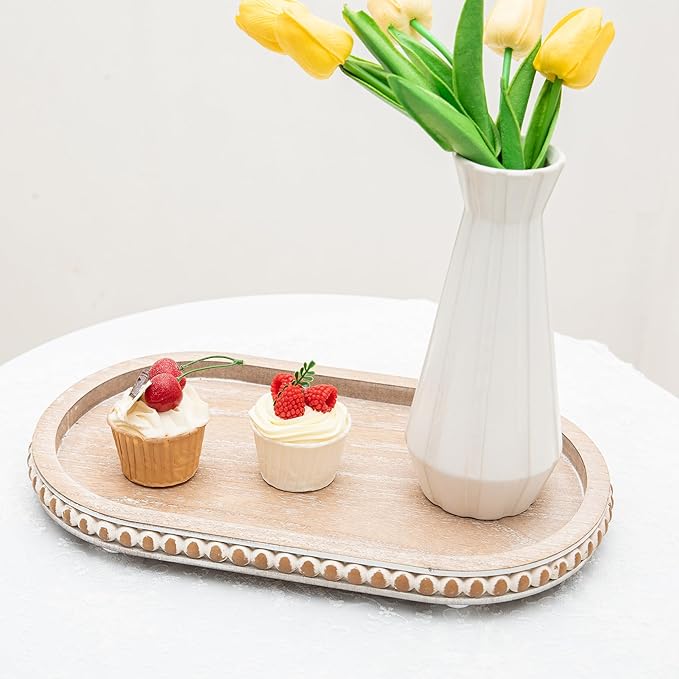 HPC Decor 15in Oval Tray for Home Decor - Brown Wood Beaded Tray - Decorative Serving Tray,Rustic Farmhouse Wooden Trays for Vintage Centerpiece,Kitchen Counter,Living Room Decor,Coffee Table Decor.