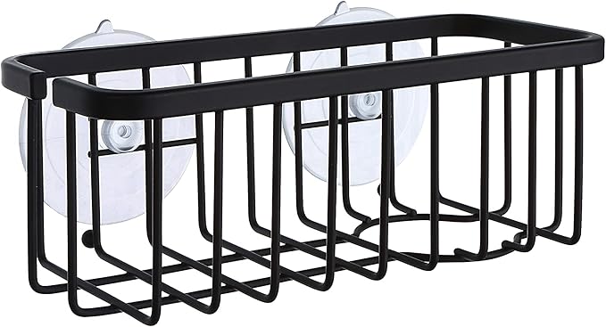 SunnyPoint NeverRust Deluxe Kitchen & Bathroom Sink Sponge Holder Organizer with Adhesive Mount - Additional Suction Cup Included – Sponge & Brush NOT Included – 7.4 x 3.3 x 2.75 Inch, BLK