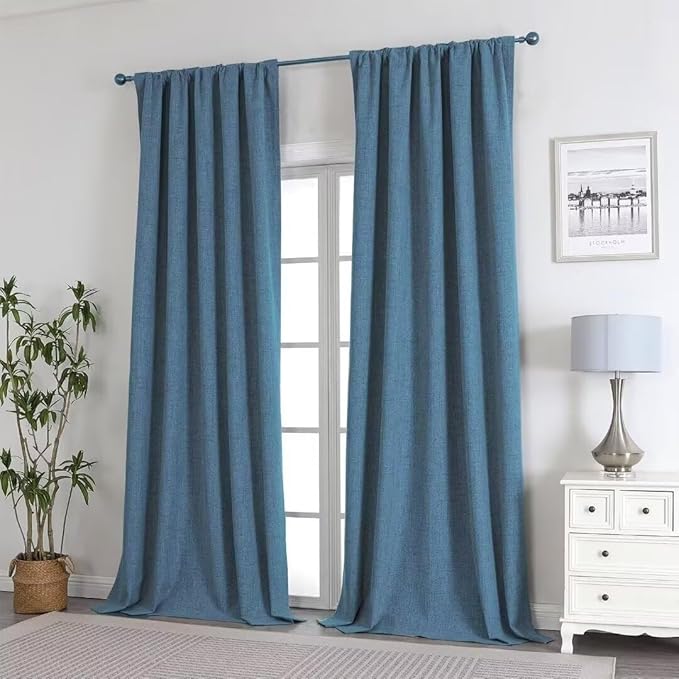 Joydeco Natural Linen Curtains 120 inch Length 2 Panels Set Burg 100% Blackout Patio Door Curtain Room Darkening Sliding Door Curtains Thermal Insulated Back tab Rod Pocket(105x120 inch, Sky Blue)