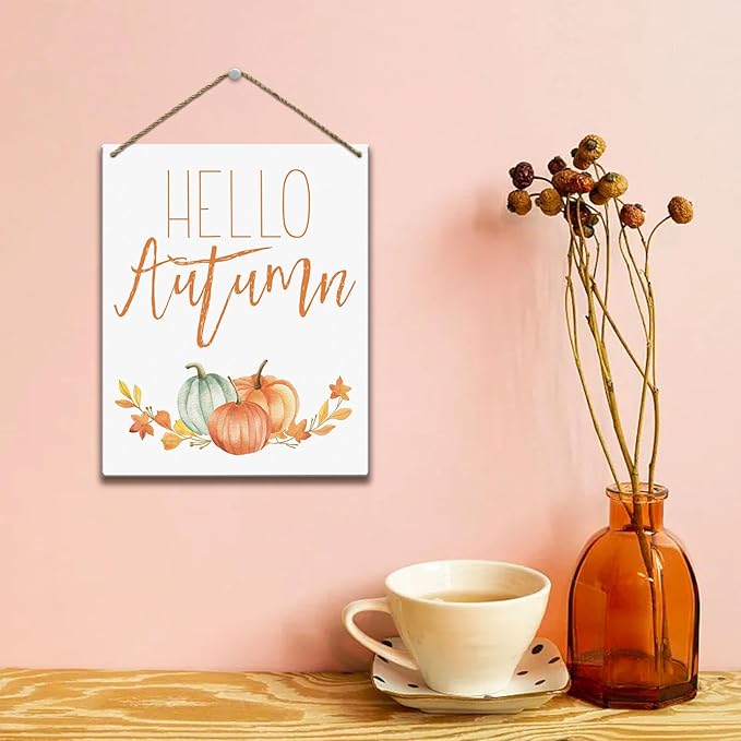 Hello Autumn Sign Autumn Thanksgiving Fall Decor Rustic Wood Sign Wall Decor Welcome Fall Quotes for Home Farmhouse Bedroom Bathroom Seasonal Harvest Decorative Wooden Wall Hanging Decor Plaque