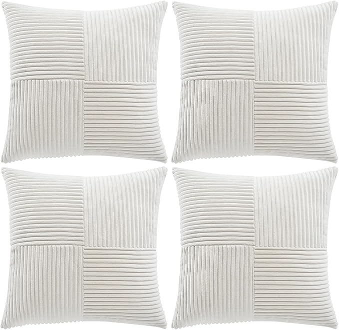 Fancy Homi 4 Packs Cream White Decorative Throw Pillow Covers 20x20 Inch for Living Room Couch Bed Sofa, Farmhouse Boho Home Decor, Soft Cross Corduroy Patchwork Accent Square Cushion Case 50x50 cm