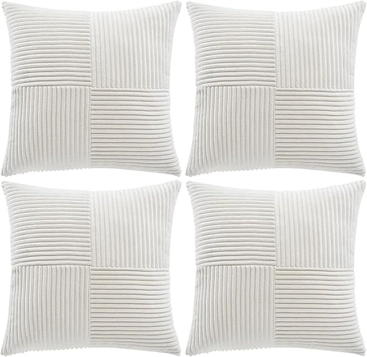 Fancy Homi 4 Packs Cream White Decorative Throw Pillow Covers 18x18 Inch for Living Room Couch Bed Sofa, Farmhouse Boho Home Decor, Soft Cross Corduroy Patchwork Textured Square Cushion Case 45x45 cm