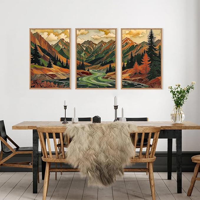 HPINUB Abstract Boho Mountain Framed Canvas Wall Art Set,Vibrant Forest Pine Tree Wall Decor,Textured Landscape Artwork Rustic Linear Scenery Art Print for Living Room,Bedroom,Office-24 x36 x3