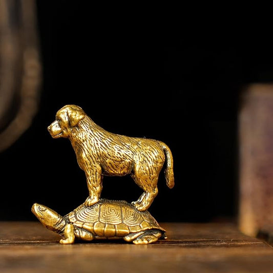 Retro Handcrafted TurtleTop Pup Statue - 100% Solid Brass Desk Decor | Vintage Style Collectible Art Piece for Home & Office | Unique Gift for Animal Lovers, Elegant Tabletop Sculpture