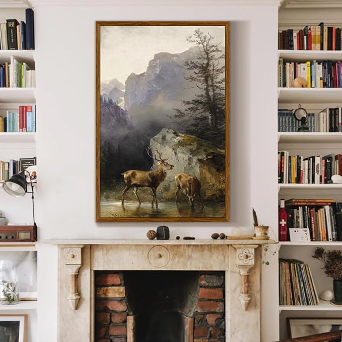 crmotu Vintage Framed Wall Art, Animal Deers Painting Canvas Prints, Mountain Mist Landscape Rustic Home Decorations, Nature Aesthetic Pictures Wall Decor Living Room Bedroom Bathroom Kitchen 20x30in