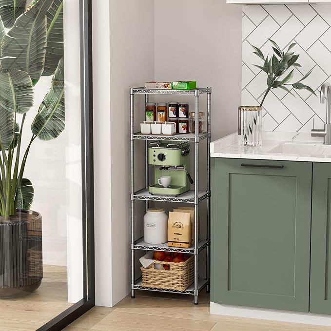 Small 5 tire Shelves Storage Wire Shelving Unit Metal Shelf Adjustable Organizers Storage Shelving for Bathroom Laundry Room Kitchen Pantry10”D x 16”W x 55”H Silver