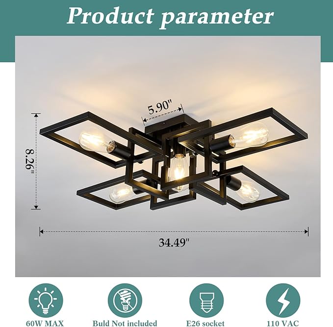 ZGLAOJT Black Industrial Flush Mount Ceiling Light 5-Light Kitchen Light Fixtures Modern Large Matte Sputnik Chandelier for Dining Room Bedroom Farmhouse Living Room