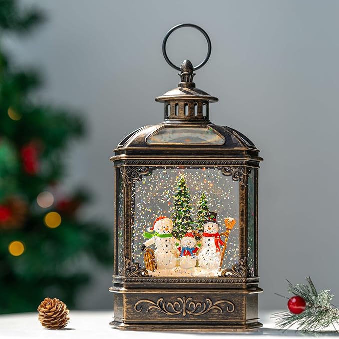 Christmas Snow Globe Lantern Water Glittering Snowman Family with Music & Timer, USB Lined/Battery Operated Lighted Lantern for Christmas Festival Decoration Gifts