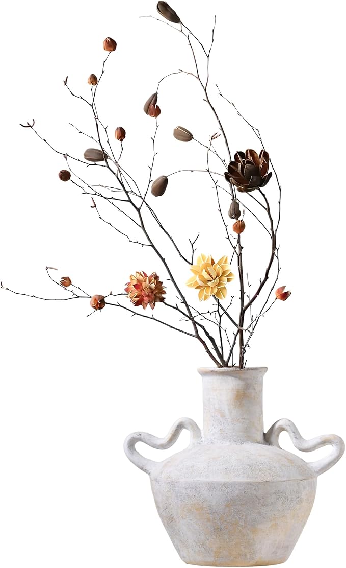 7.5 in Rustic Ceramic Farmhouse Vase with 2 Handles,Glazed Beige and Yellow Vintage Pottery Jar with Black Distressed Eroded Texture Finish,Boho for Home Decor,Tabletop,Mantel,or Living Room