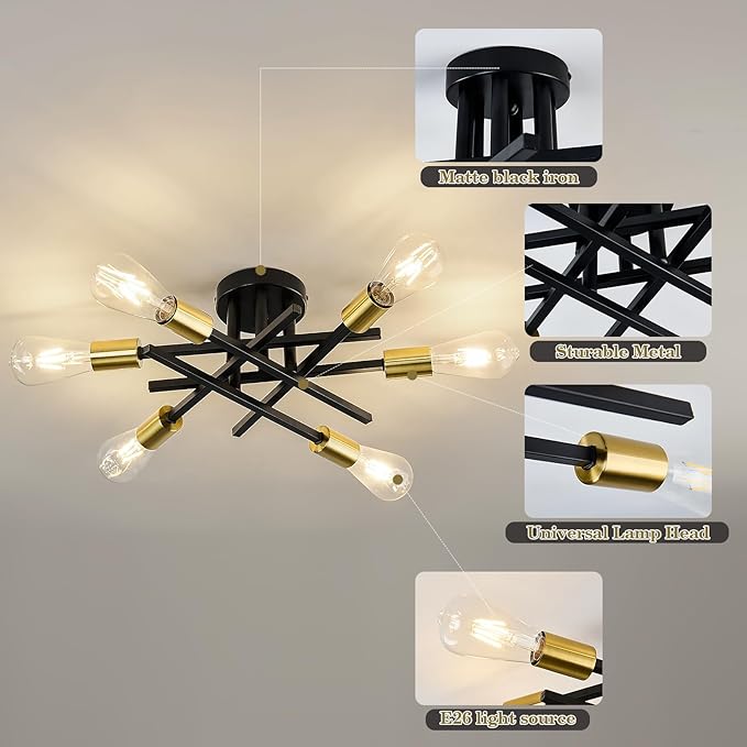 6-Lights Sputnik Semi Flush Mount Ceiling Light Fixture Modern Metal Black and Gold Chandeliers with E26 Bulb Base Close to Ceiling Light for Kitchen Dining Room Living Room Hallway Bedroom