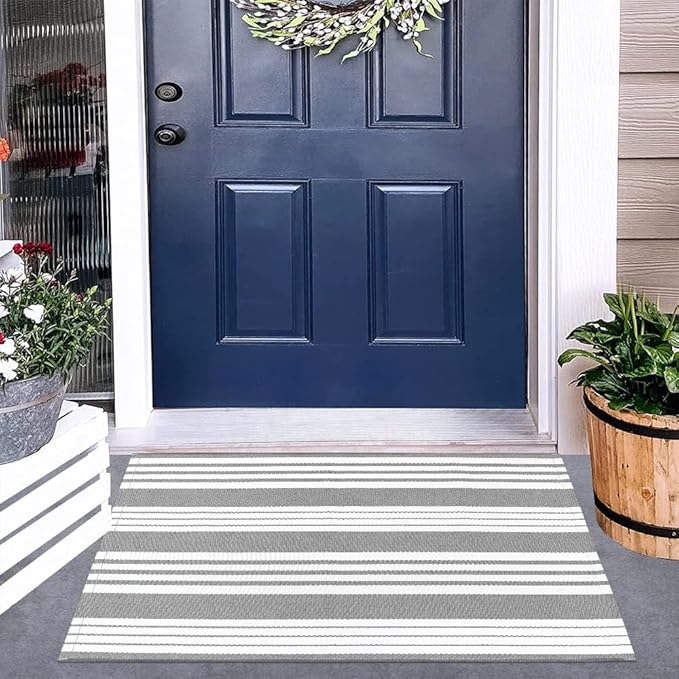 OJIA Fall Front Door Mat Outdoor 24"x35" Front Door Rug Gray and White Striped Outdoor Rugs Washable Entry Rug Indoor Door Mats Cotton Woven Small Area Rugs for Entrance/Porch/Kitchen/Entryway