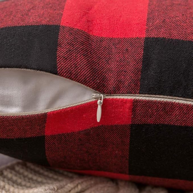 MIULEE Pack of 2 Classic Farmhouse Buffalo Check Plaids Polyester Linen Soft Soild Decorative Square Throw Pillow Covers Home Decor Cushion Case for Sofa Bedroom 18x18 Inch, Black and Red