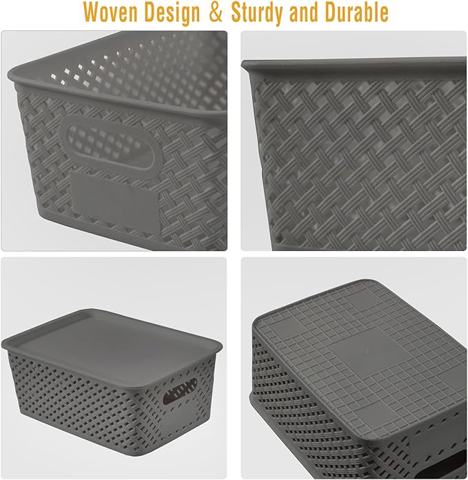 Small Plastic Twill Woven Storage Baskets with Lids, Stackable Organizing Containers with Labels for Pantry Closet Office, 6-Pack,10.35"x7.3"x4.09", Gray