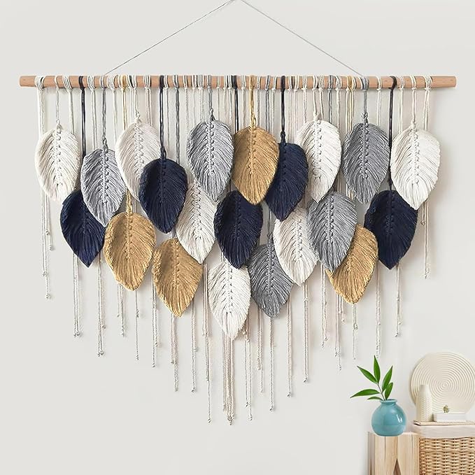 VEKALON Macrame Wall Art Tapestry - Large Boho Chic Woven Wall Hanging Decor for Bedroom, Modern Bohemian Leaf-Shaped Decorations for Office, Living Room, Bathroom(Navy Blue)