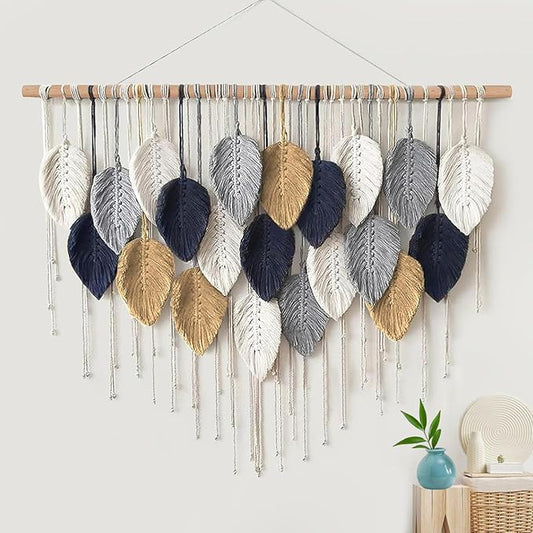VEKALON Macrame Wall Art Tapestry - Large Boho Chic Woven Wall Hanging Decor for Bedroom, Modern Bohemian Leaf-Shaped Decorations for Office, Living Room, Bathroom(Navy Blue)