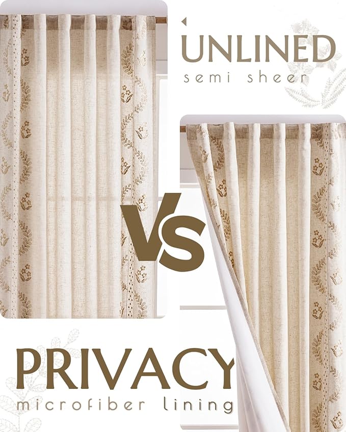 jinchan Belrose Lined Linen Blend Curtains Boho Floral Curtains for Bedroom 84 Inch Length Beige Embroidered Drapes Rod Pocket Farmhouse Flower Drapes for Living Room Window Treatments Set 2 Panels