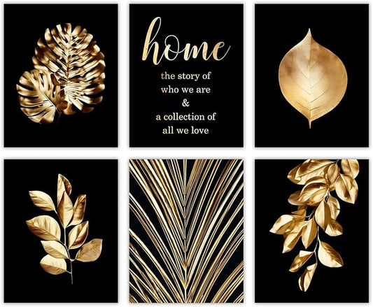 Gold Leaf Art Prints,Modern Black Gold Botanical Tropical Plant Leaves Wall Art Decor,Foliage Inspirational Quotes Canvas Gallery Poster Prints for Bedroom Room Home Decor,Set of 6 (8"X10" Unframed)