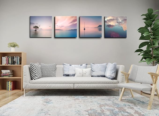 dgbtcart Romantic Sunset Beach Canvas Wall Art - Ocean Pictures Prints Colorful Seascape Painting Artwork for Bedroon Living Room, Bathroom - Office Kitchen Wall Decor 12"x 12" x 4 Panels