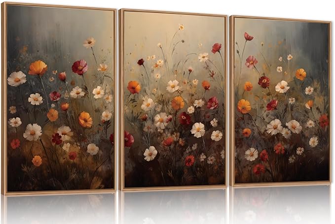 KAIRNE Vintage Wildflower Wall Art Set of 3, Boho Watercolor Botanical Framed Canvas Prints, Rustic Colorful Floral Decor for Living Room, Bedroom, Farmhouse 16x24 inch