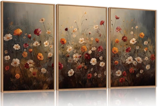 KAIRNE Vintage Wildflower Wall Art Set of 3, Boho Watercolor Botanical Framed Canvas Prints, Rustic Colorful Floral Decor for Living Room, Bedroom, Farmhouse 16x24 inch