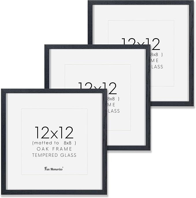 12x12 Picture Frame in Black, Square 12 x 12 Frame Set of 3, Natural Oak Wood Frame 12 by 12, 12x12 Frame with Mat of 8x8, 12"x12" Wood Frame with Tempered Glass, Wall Collage Frame 12 by 12