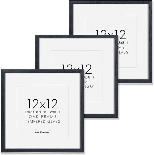 12x12 Picture Frame in Black, Square 12 x 12 Frame Set of 3, Natural Oak Wood Frame 12 by 12, 12x12 Frame with Mat of 8x8, 12"x12" Wood Frame with Tempered Glass, Wall Collage Frame 12 by 12
