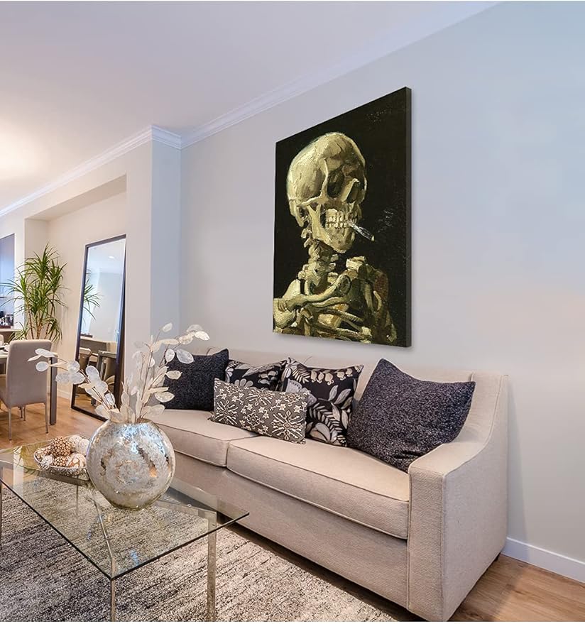 DECORARTS - Head of a Skeleton with a Burning Cigarette. Vincent Van Gogh Art Reproduction. Giclee Print on Canvas. Wall Art for Home. 40x32