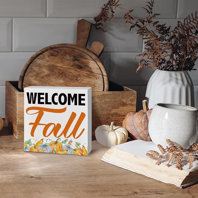 Welcome Fall Wooden Box Sign, Front Door Porch Decor, Desk Decors Art, Decorative Wooden Table Signs, Rustic Farmhouse Home Decor, Autumn Decoration Gift, Fall Wood Signs A3