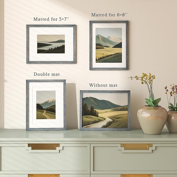 Egofine 11x14 Picture Frames Set of 4, Made of Solid Wood Covered by Plexiglass 5x7 and 8x10 with Mat or 11x14 without Mat, for Table Top Display and Wall Mounting Photo Frame Rustic Blue