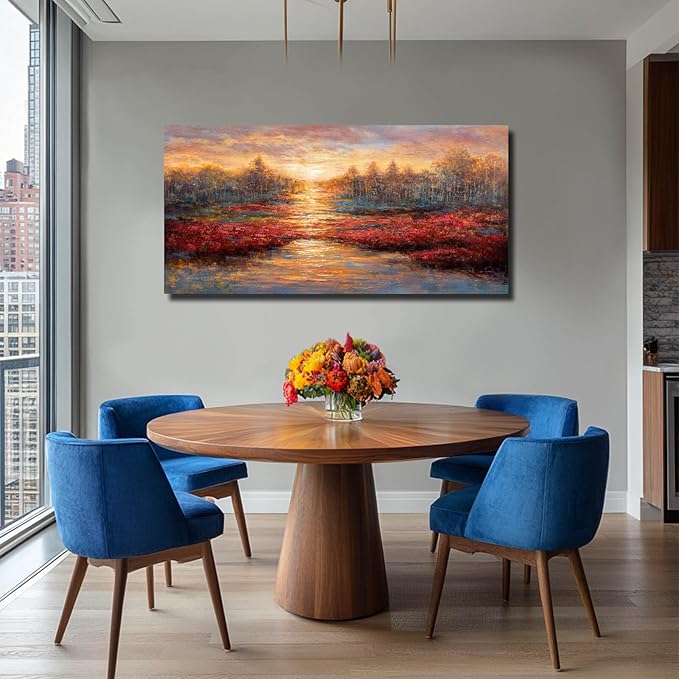 GAIDUOMAI Sunset Glow Pictures Gold and Red Canvas Painting Textured Wall Art for Office 24"x48" Nature Wall Prints for Hotel Master Bedroom Wall Decor