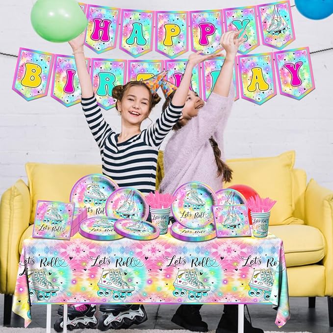 Roller Skating Party Supplies - 142Pcs Roller Skate Party Tableware Include Plates,Napkins,Cups,Banner,Tablecloth Let's Roll Birthday Decorations for Girl（20 Guests）