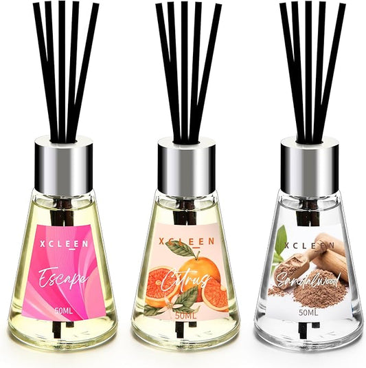 Reed Diffuser of 3 Pack, Escape/Citrus/Sandalwood, Scented Diffuser with 15 Fiber Sticks, Home Fragrance Oil Diffuser, Air Freshener for Bathroom & Bedroom, Each 1.7Fl Oz, Total 5.1Oz