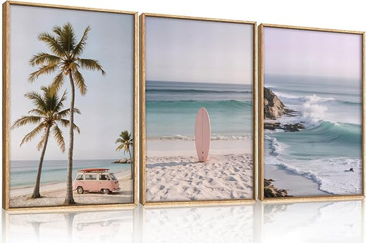 HPINUB Beach Seascape Framed Canvas Wall Art Set,Palm Tree Surfboard Nature Wall Decor,Modern Coastal Landscape Artwork Relax Summer Ocean Art Print for Living Room,Bedroom,Bathroom Decor-16 x24 x3