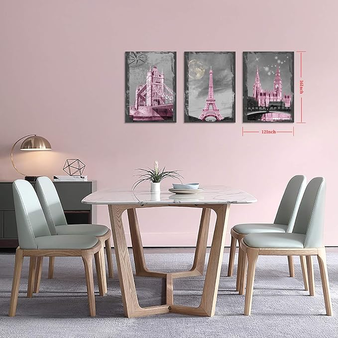 YUANAND Eiffel Tower Wall Decor Girls Pink Room - Paris Wall Decor Canvas Art Pictures - Bedroom Decor Framed Posters Paintings