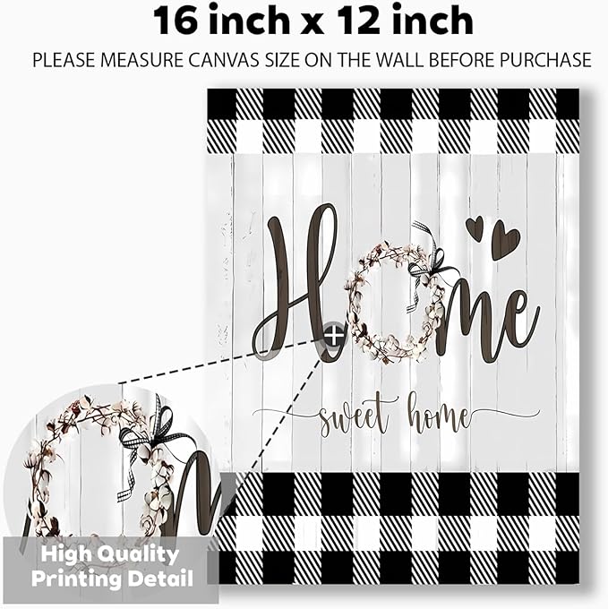 Black and White Canvas Wall Art 12x16in Sweet Home Wall Decor Rustic Plaid for Home Office Bathroom Bedroom Decor Canvas Wall Art