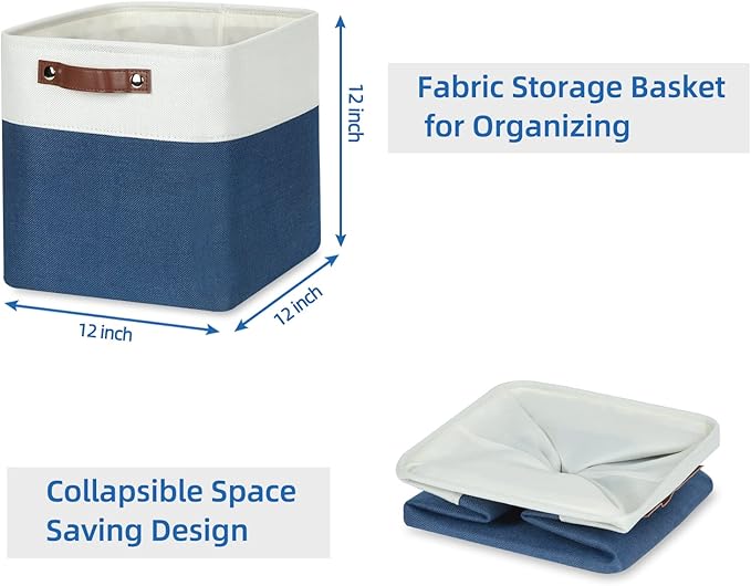 Temary Fabric Storage Cubes 4Pack Blue Fabric Storage Baskets 12 Inch Cube Storage Bins with Handles for Organizing Closet (White&Blue)